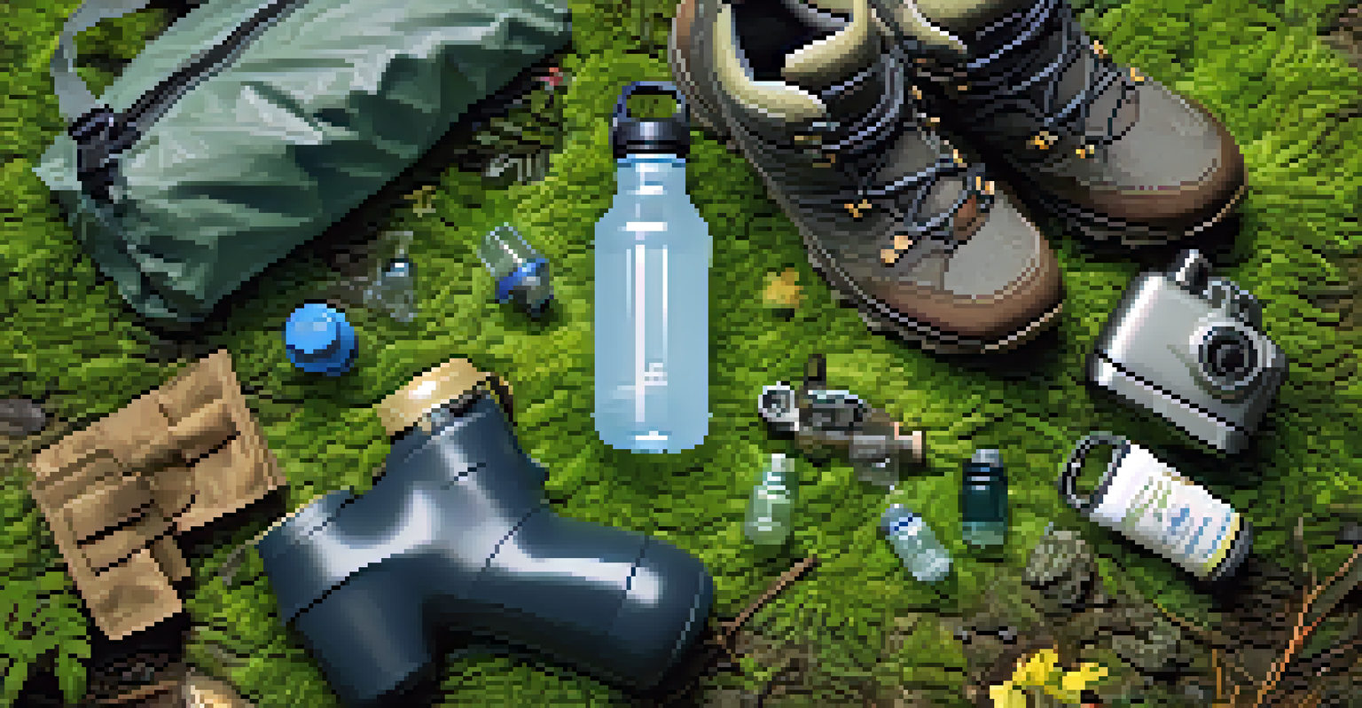 An explorer's gear including a jacket, boots, and a water bottle on the forest floor surrounded by greenery.