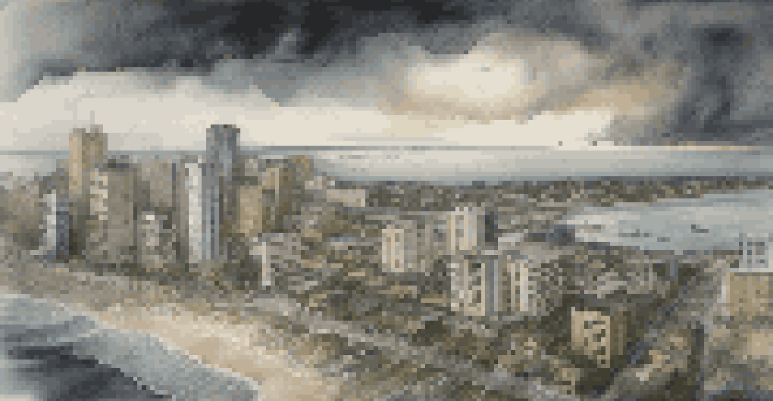 Aerial view of a coastal city under dark storm clouds, with emergency services visible on the streets.