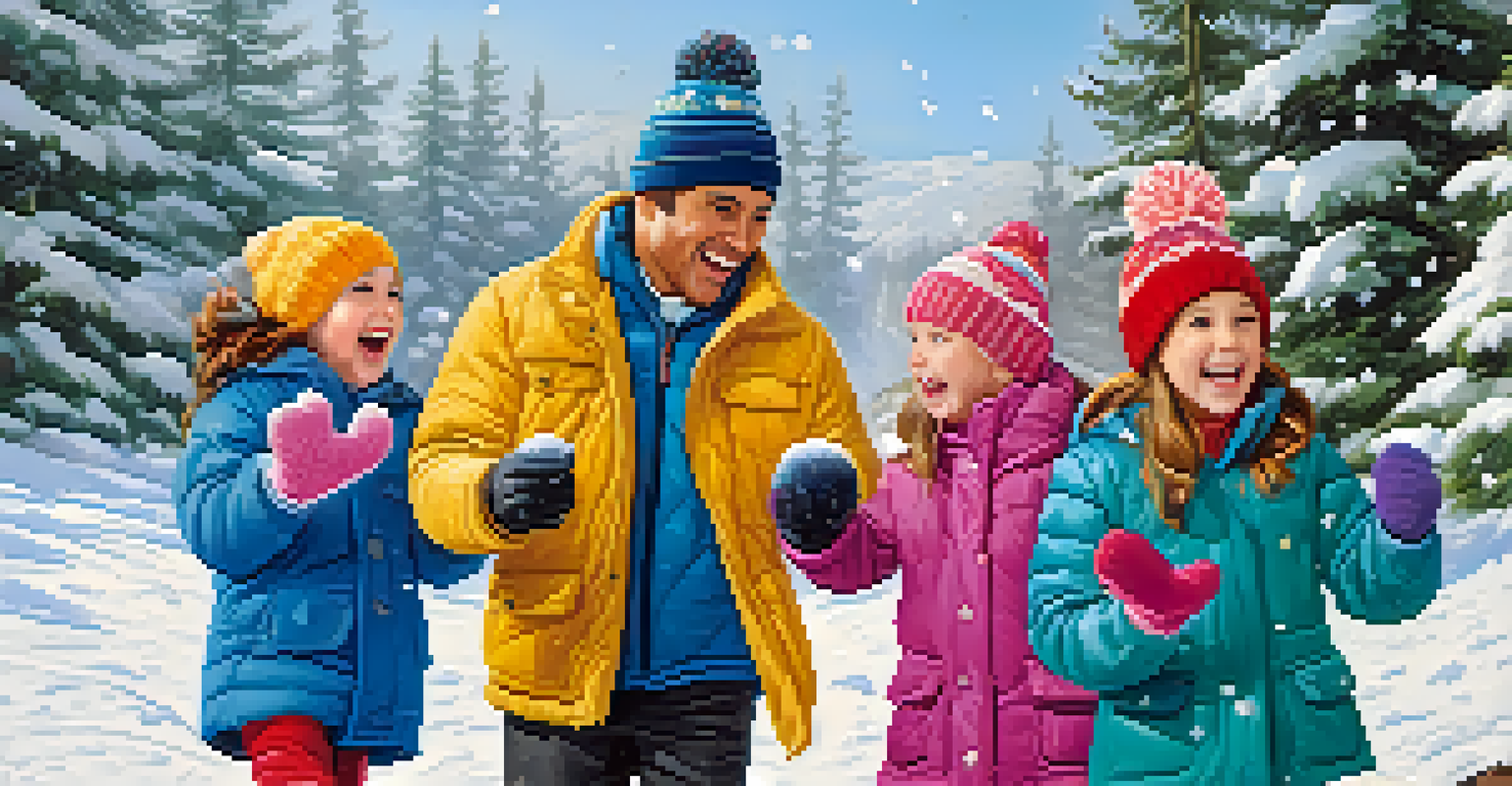 A family playing in the snow during a snowball fight, surrounded by a winter landscape with evergreen trees.