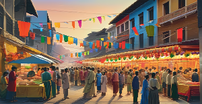 A lively street festival with colorful decorations, people dressed in traditional clothing, and food stalls under a warm sunset.