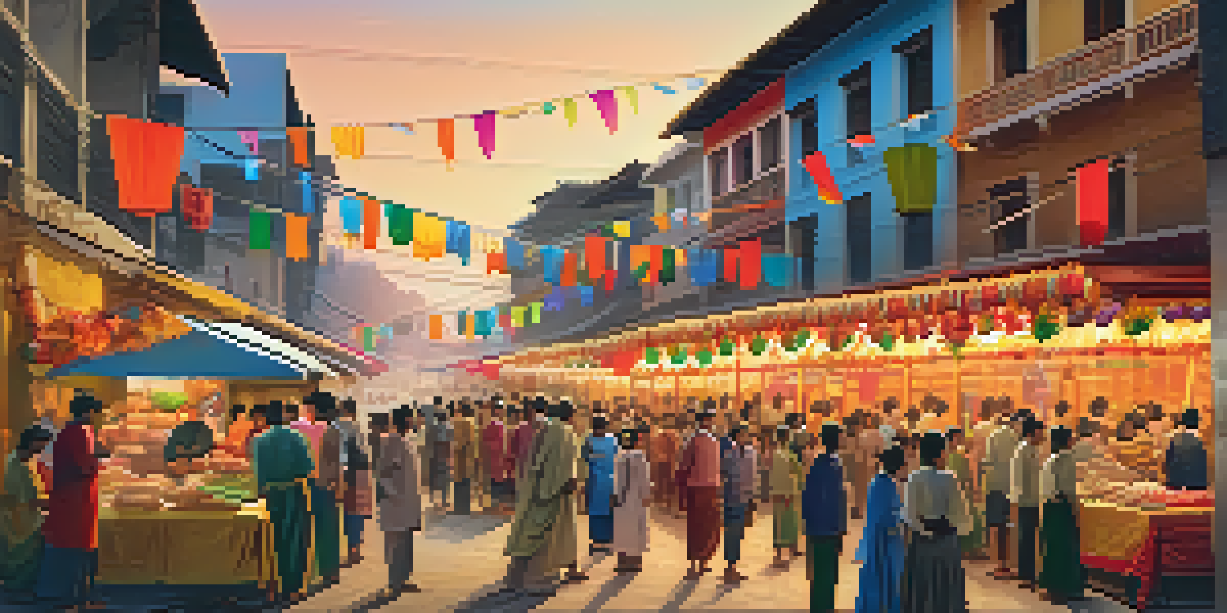 A lively street festival with colorful decorations, people dressed in traditional clothing, and food stalls under a warm sunset.