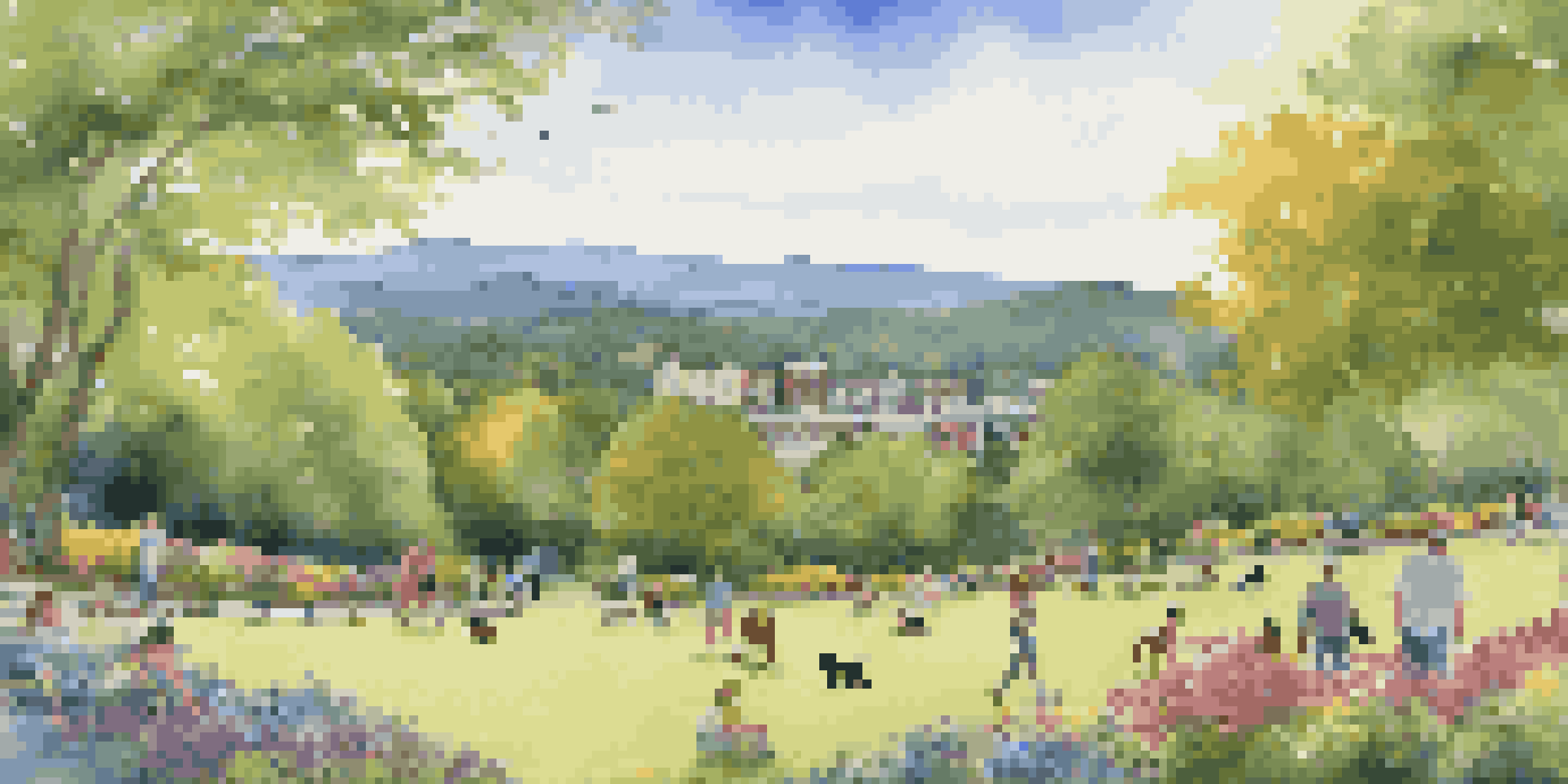 A picturesque park in Asheville, North Carolina, with dogs playing and people enjoying the outdoors on a sunny day.