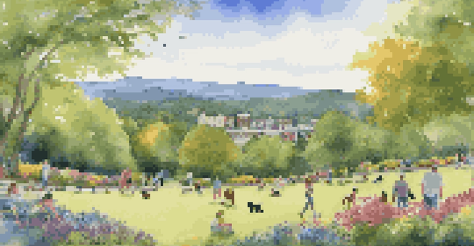 A picturesque park in Asheville, North Carolina, with dogs playing and people enjoying the outdoors on a sunny day.