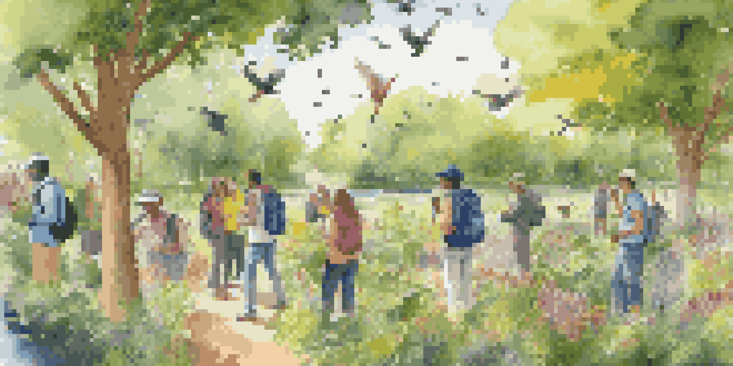 Travelers of different ethnicities engaged in birdwatching for citizen science in a lush green park, with sunlight filtering through trees.