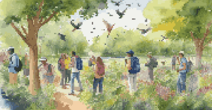 Travelers of different ethnicities engaged in birdwatching for citizen science in a lush green park, with sunlight filtering through trees.