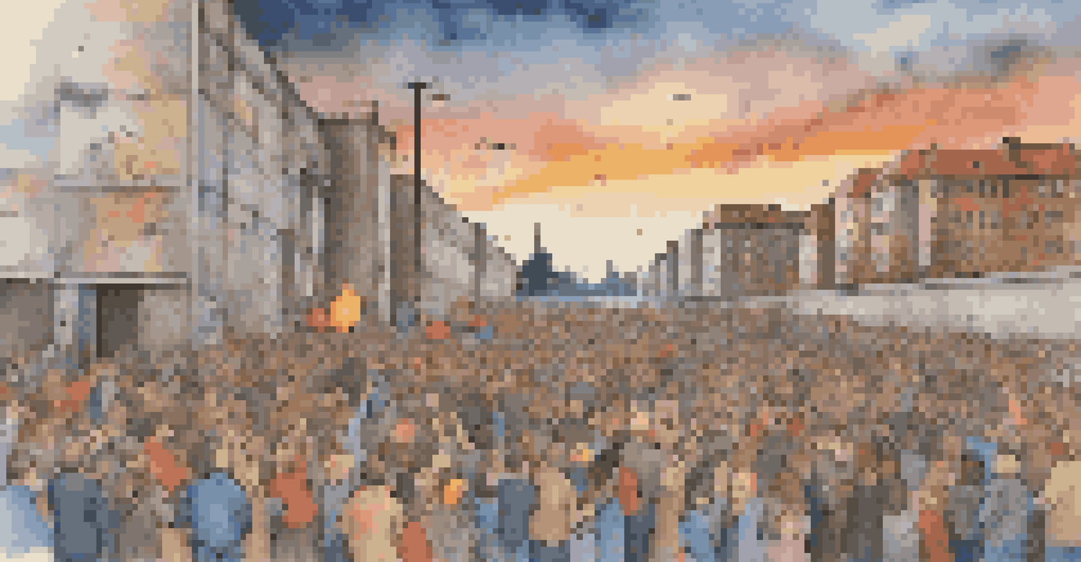 An emotional scene of families reuniting at the Berlin Wall's fall in 1989, showcasing joy and celebration.