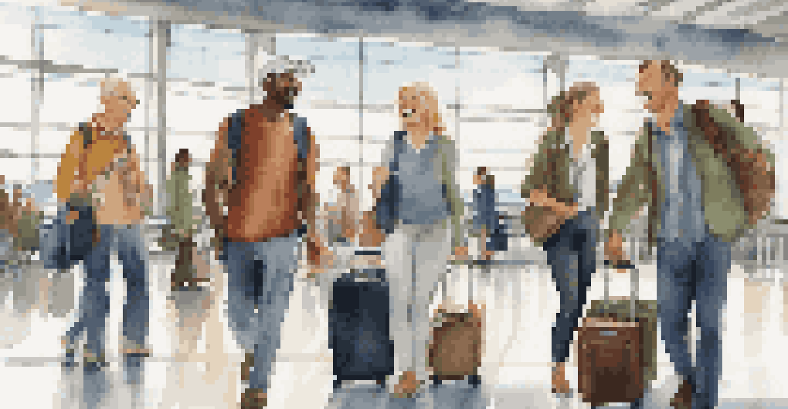 A group of travelers at an airport, laughing and supporting each other with luggage in hand.