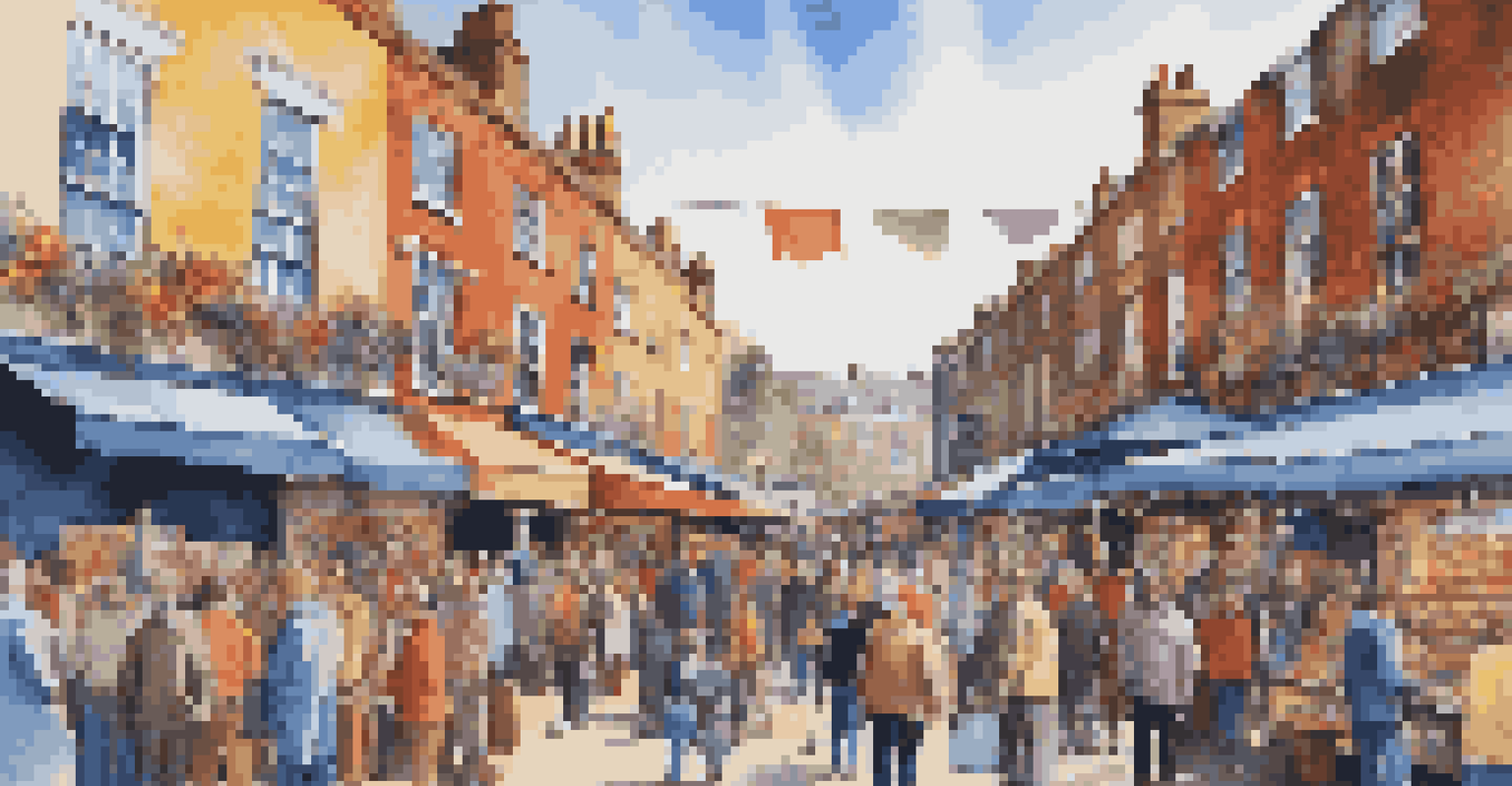 A bustling Camden Market with colorful stalls and street performers, highlighting the lively atmosphere and diverse crowd.