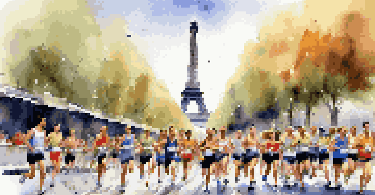 Runners participating in the Paris Marathon with the Eiffel Tower in the background, showcasing the energy and vibrancy of the event.