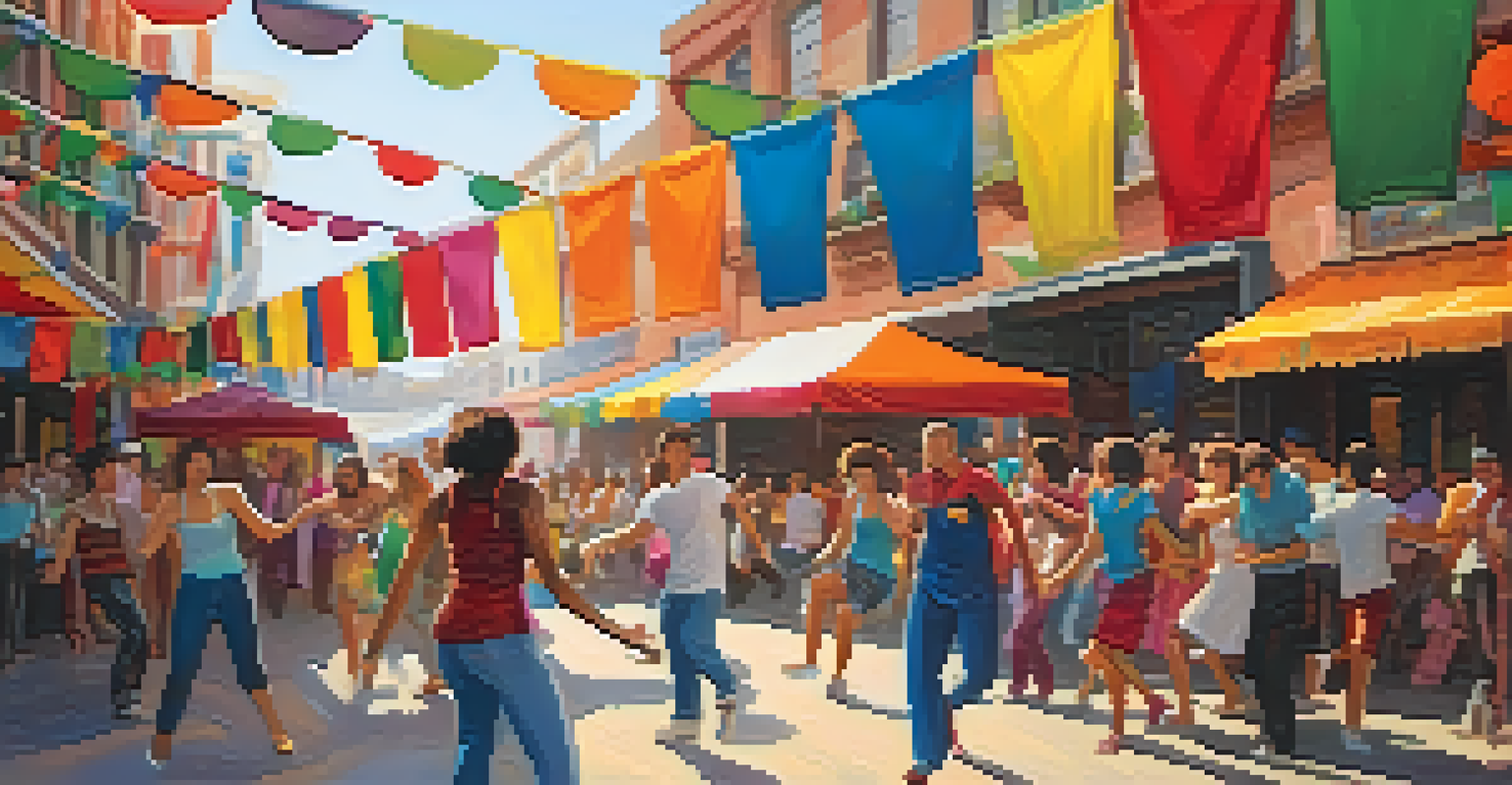 A lively street festival with people dancing and celebrating together under vibrant decorations.