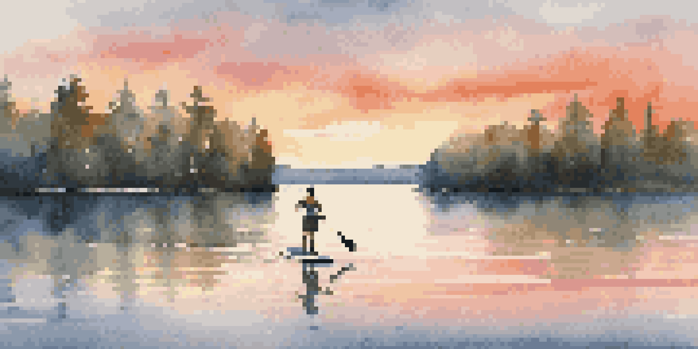A person paddleboarding on a calm lake during a colorful sunset, with trees in the background.