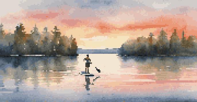 A person paddleboarding on a calm lake during a colorful sunset, with trees in the background.