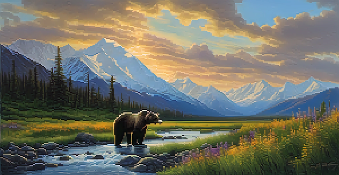 A panoramic view of Denali National Park with Denali Mountain in the background and a grizzly bear in the foreground.
