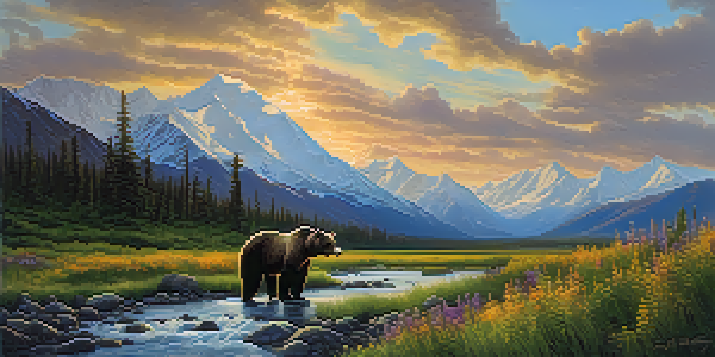 A panoramic view of Denali National Park with Denali Mountain in the background and a grizzly bear in the foreground.