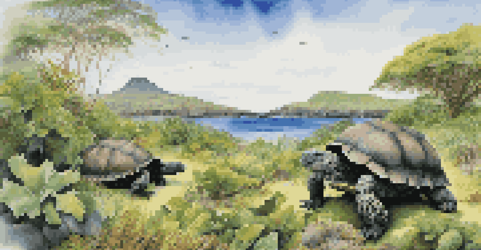 A vibrant landscape of the Galápagos Islands with giant tortoises and marine iguanas among lush greenery under a blue sky.