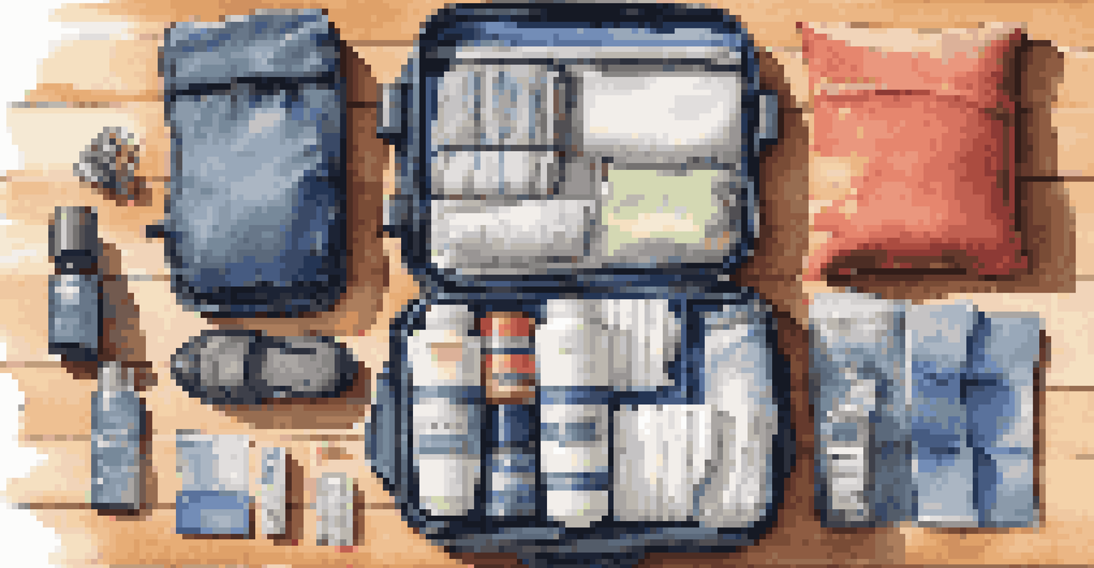 A collection of lightweight travel accessories arranged neatly on a wooden surface.
