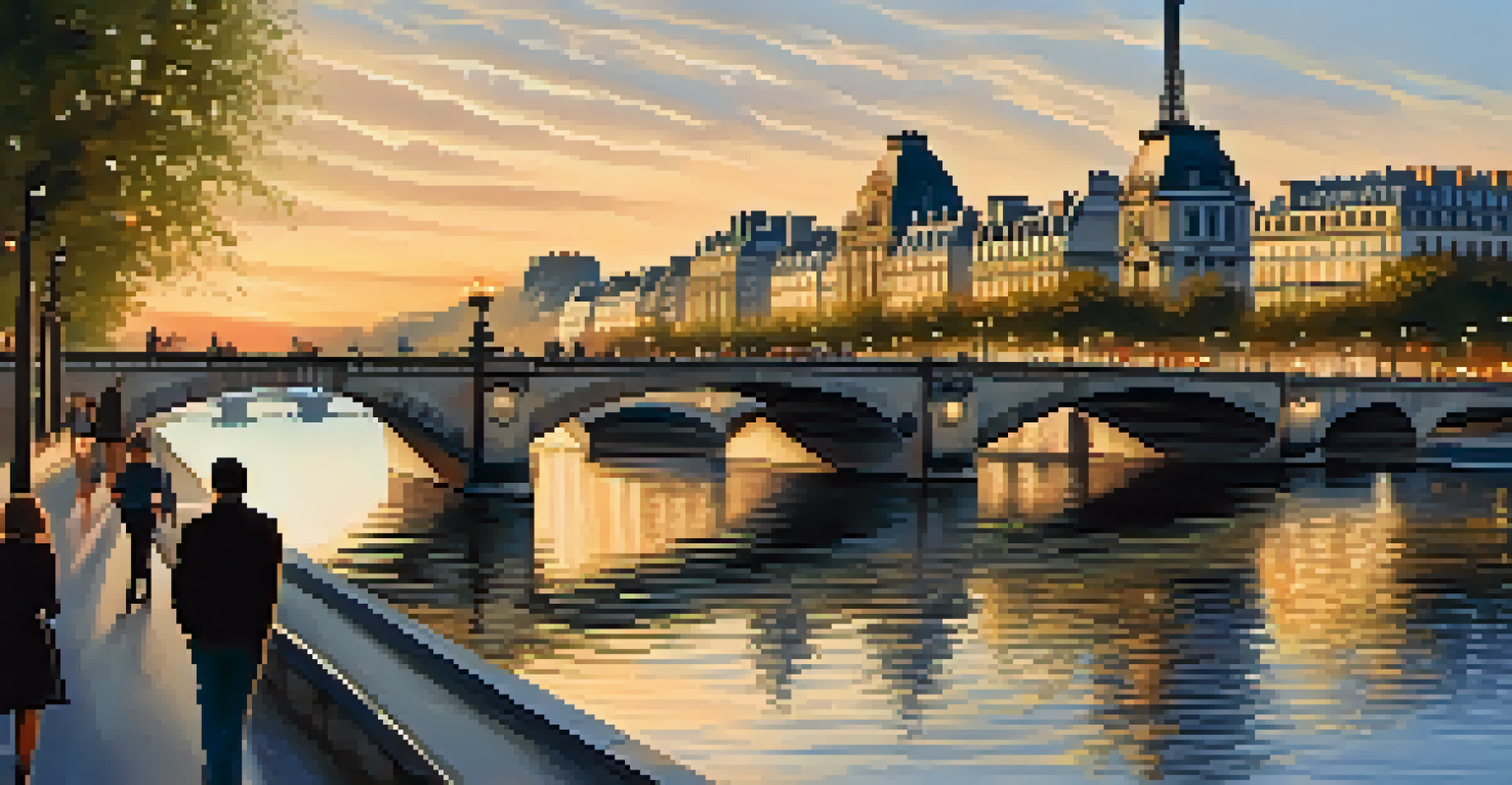 A beautiful view of the Seine River in Paris at sunset, reflecting the Eiffel Tower and historic bridges with people walking along the bank.