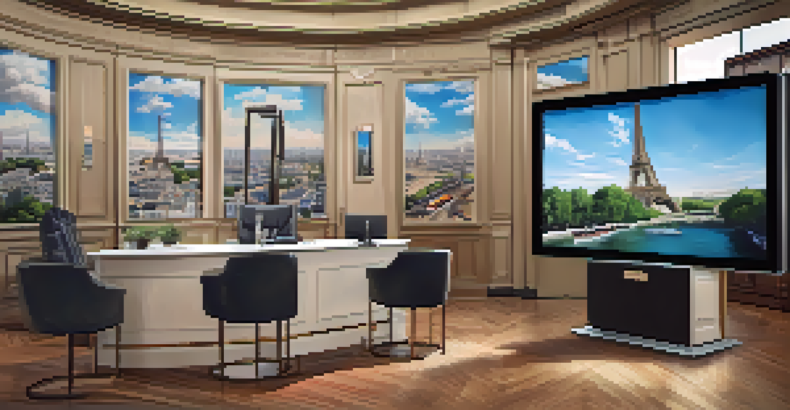 A travel agent demonstrating virtual reality travel experiences in an office setting with a famous landmark displayed on the screen.