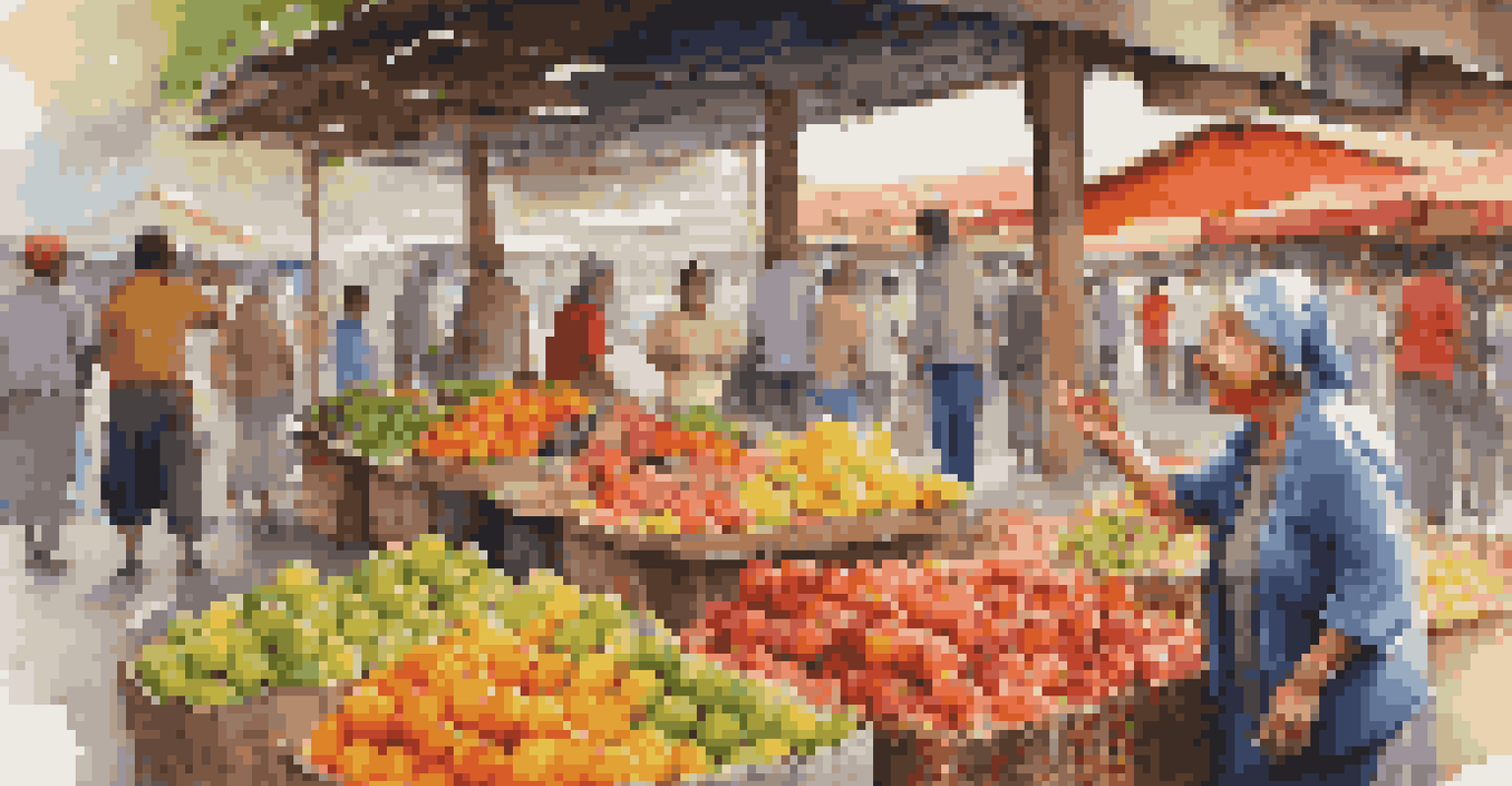 A child interacting with a local vendor at a market, asking for fruits in the local language.
