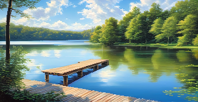 A peaceful lake with a wooden dock, surrounded by greenery and a clear blue sky.