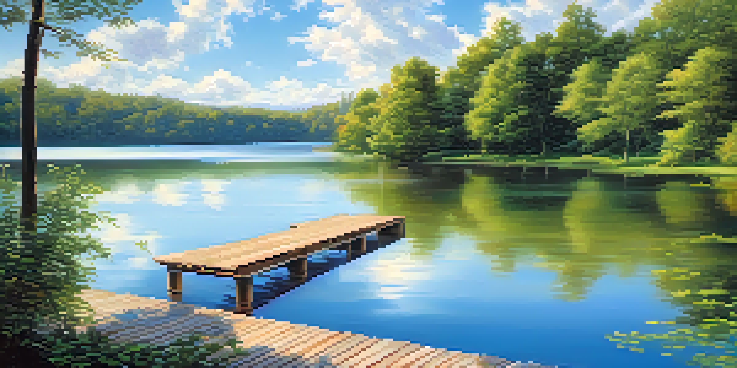 A peaceful lake with a wooden dock, surrounded by greenery and a clear blue sky.