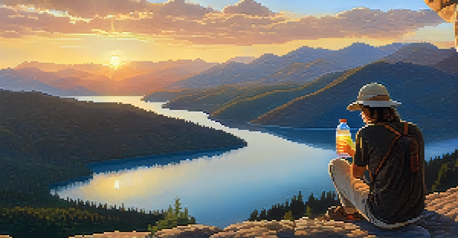 A traveler enjoying a scenic view at sunset, holding a water bottle in a beautiful mountain landscape.