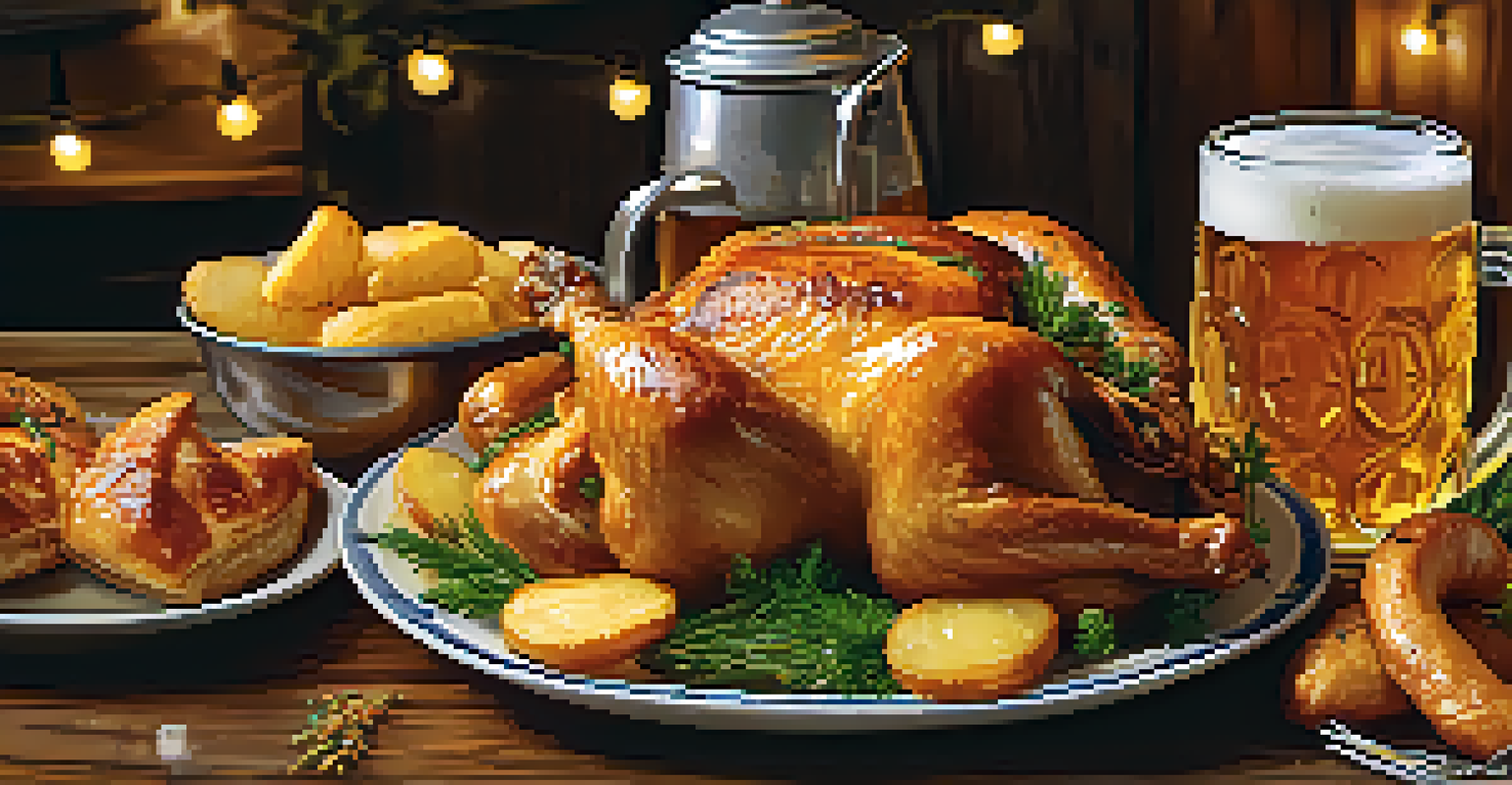 A plate of traditional Bavarian food with roasted chicken, crispy potatoes, pretzel, and a stein of beer on a rustic wooden table, creating a warm Oktoberfest atmosphere.