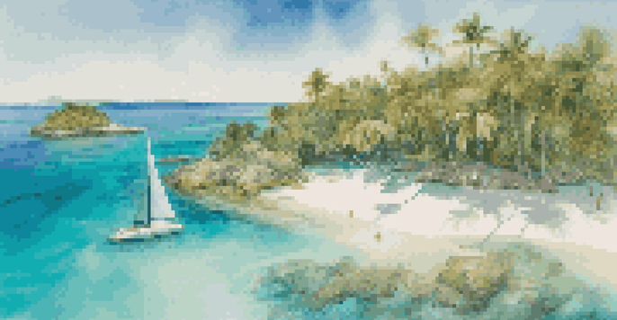 An aerial view of a Caribbean island with a luxury yacht near a beach and snorkelers in the water.