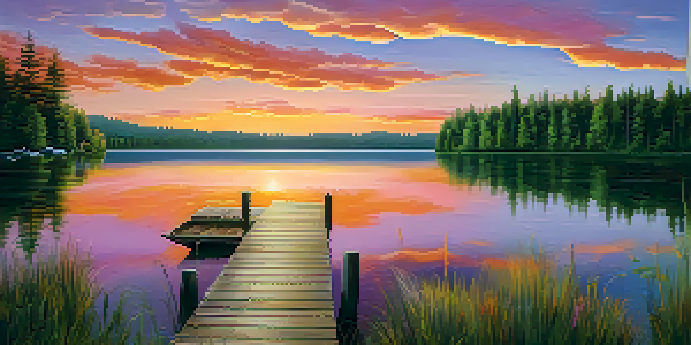 A beautiful sunset over a calm lake with colorful reflections on the water and a wooden dock in the foreground.