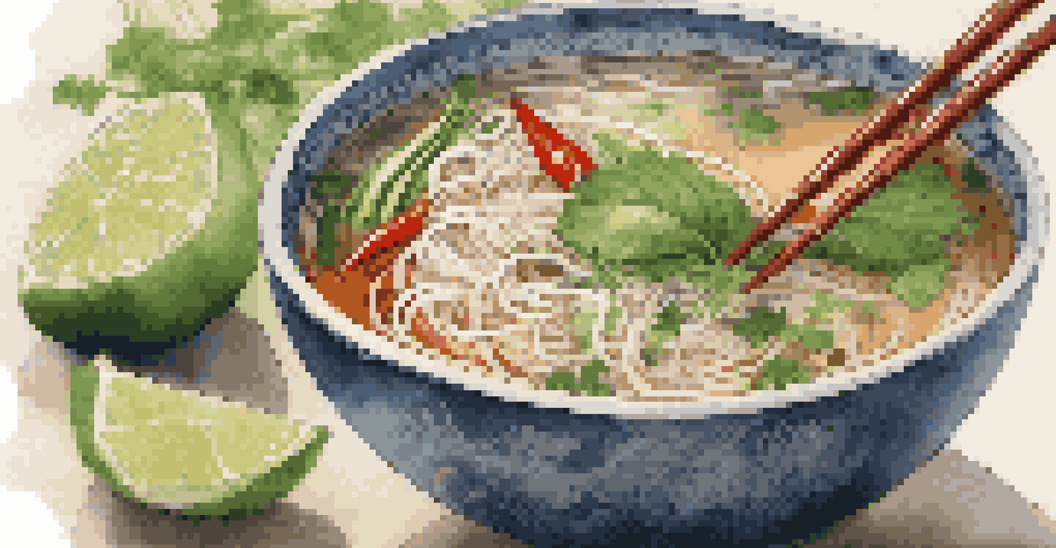 A close-up of a bowl of pho with vibrant ingredients and herbs, highlighting its textures.