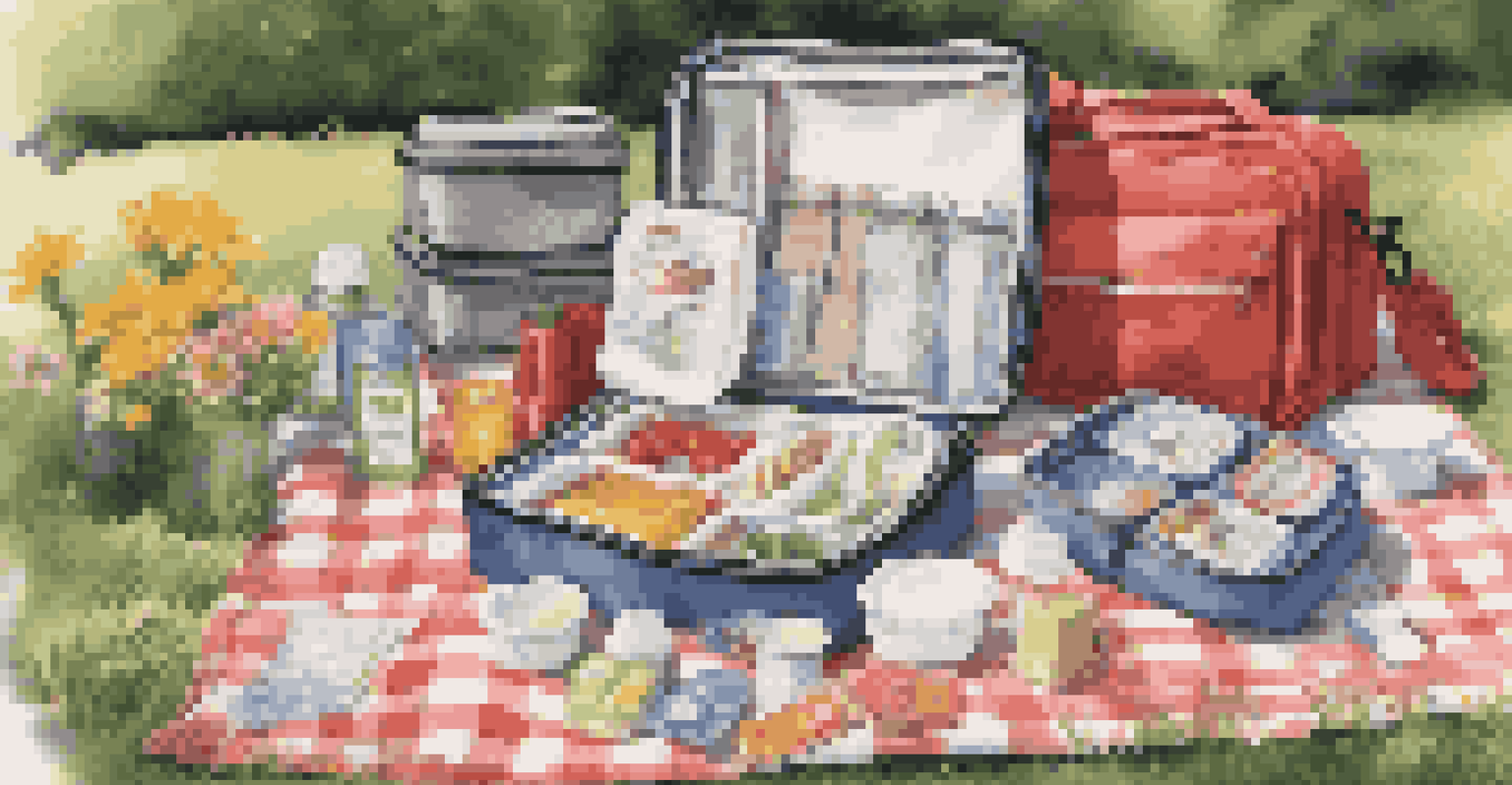 A pet travel kit with water bowls and food bags laid out on a picnic blanket in a sunny park.