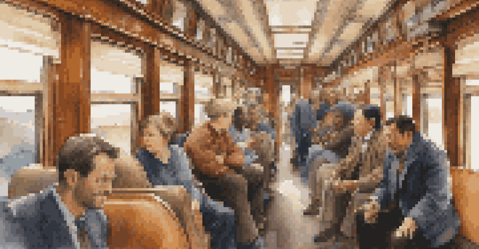 An interior of a train compartment with diverse passengers talking, warm lighting, and blurred scenery outside the window.