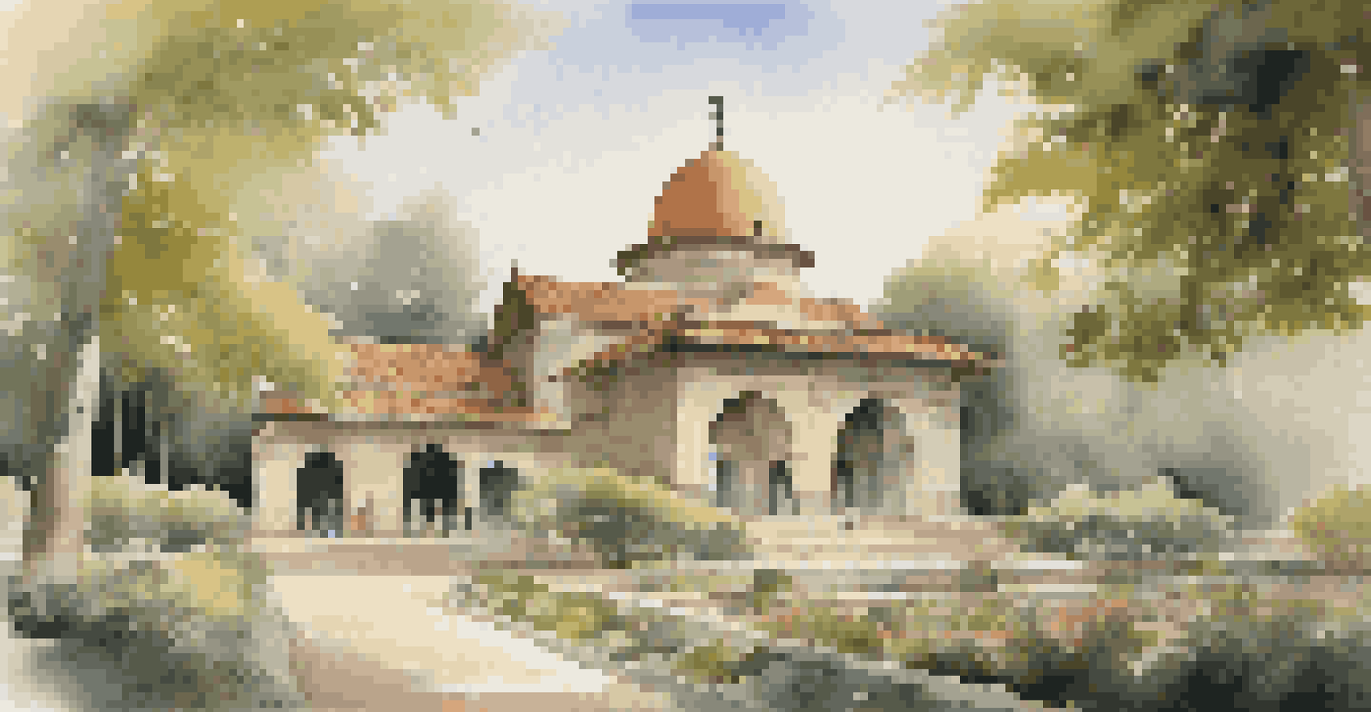 A tranquil religious site with intricate architecture and a peaceful garden, where visitors are showing respect and contemplation.