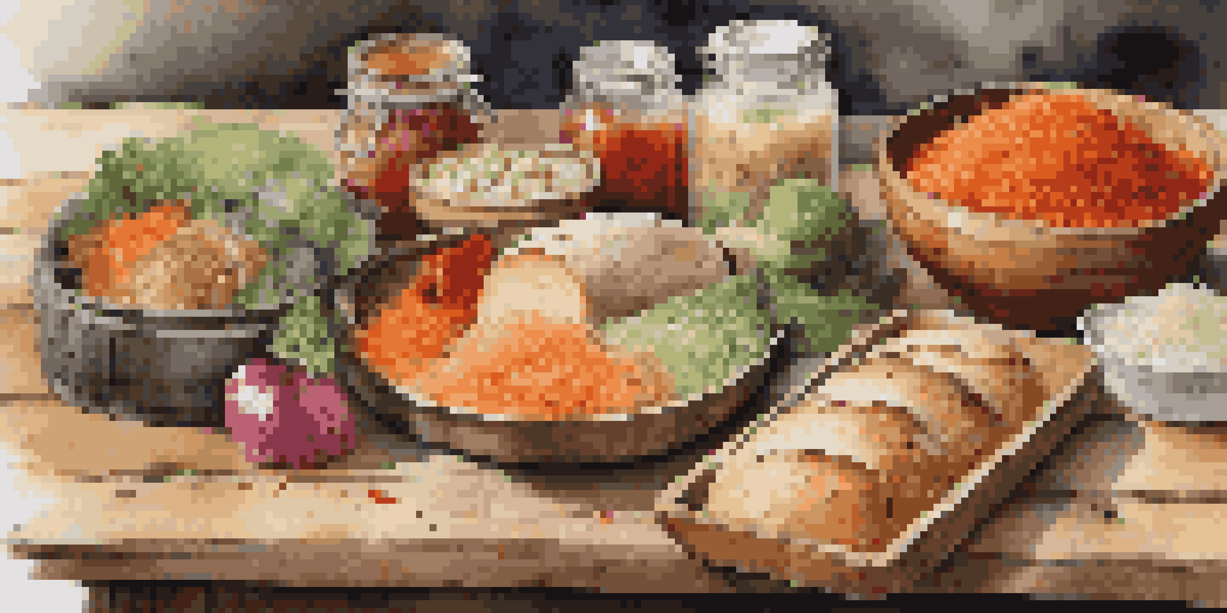 A colorful display of fermented foods including kimchi, sauerkraut, and sourdough bread on a rustic wooden table, illuminated by natural light.