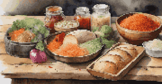 A colorful display of fermented foods including kimchi, sauerkraut, and sourdough bread on a rustic wooden table, illuminated by natural light.