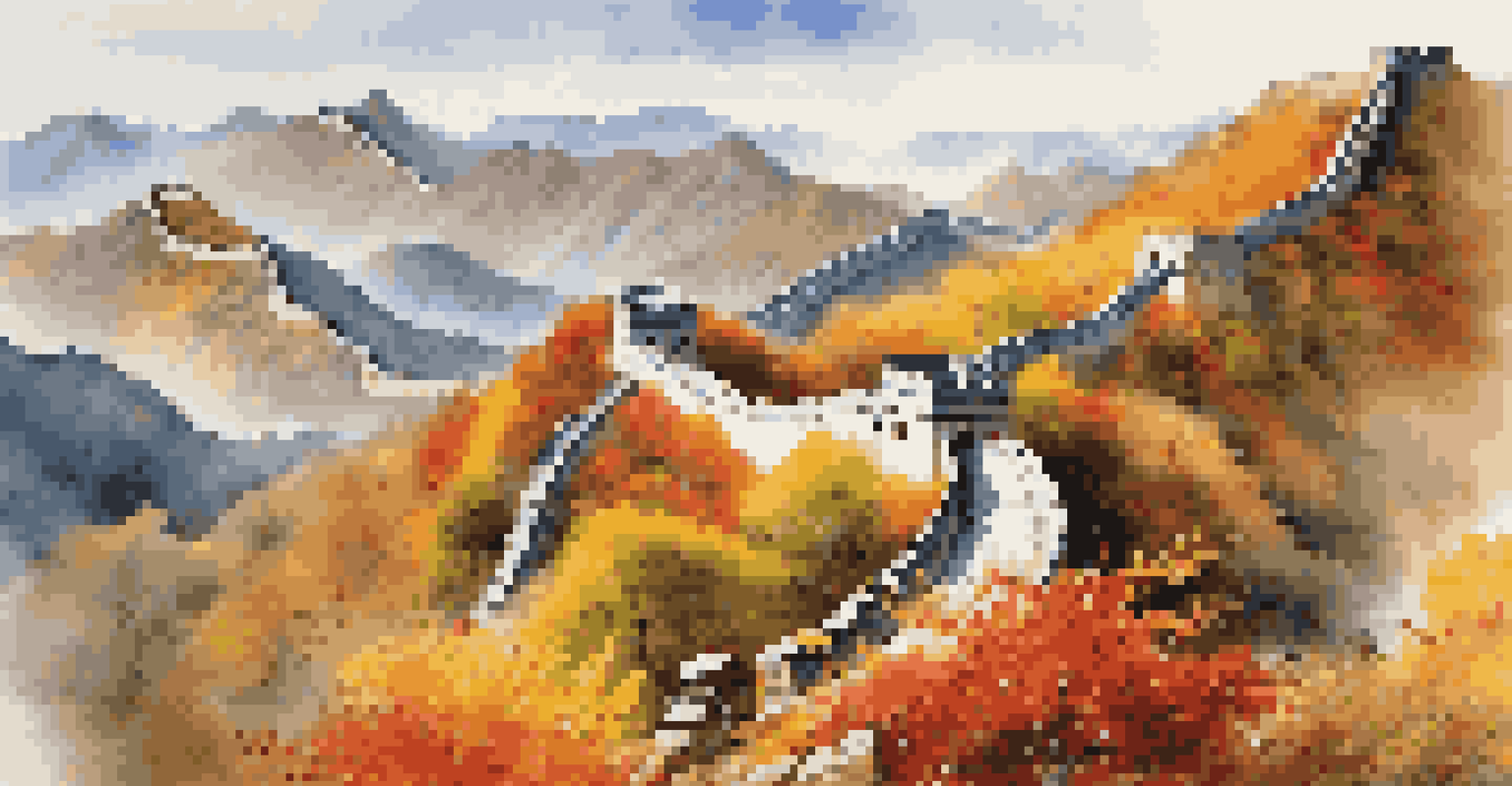 Great Wall of China in autumn with colorful foliage and hikers.