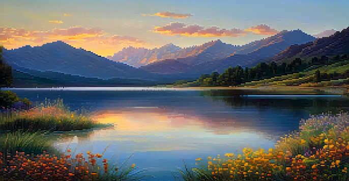 A picturesque lake at sunset with wildflowers in the foreground and mountains in the background, all bathed in warm, golden light.