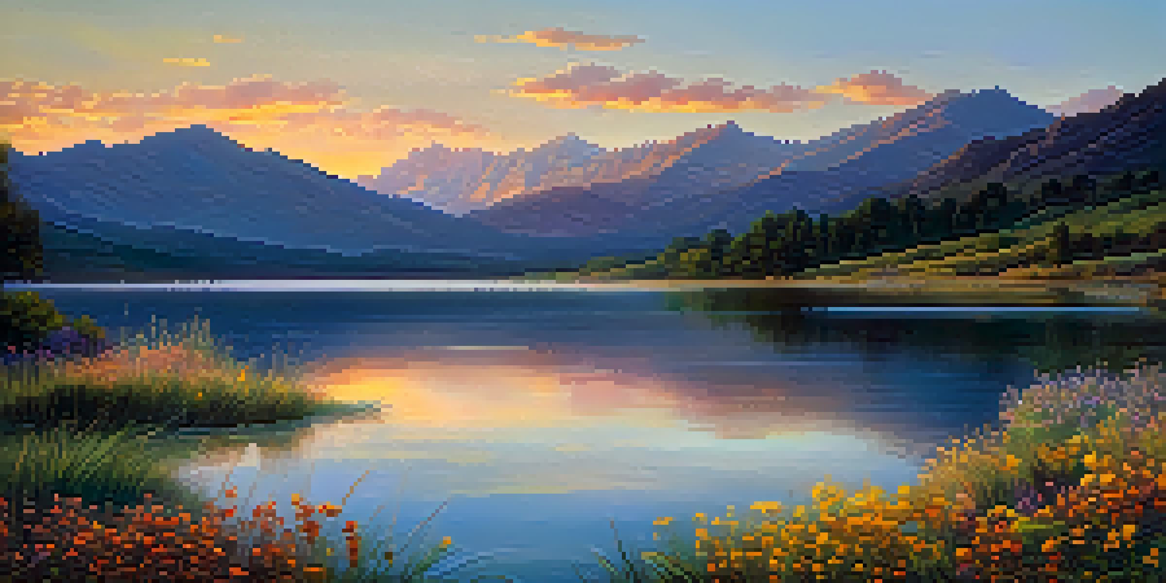 A picturesque lake at sunset with wildflowers in the foreground and mountains in the background, all bathed in warm, golden light.