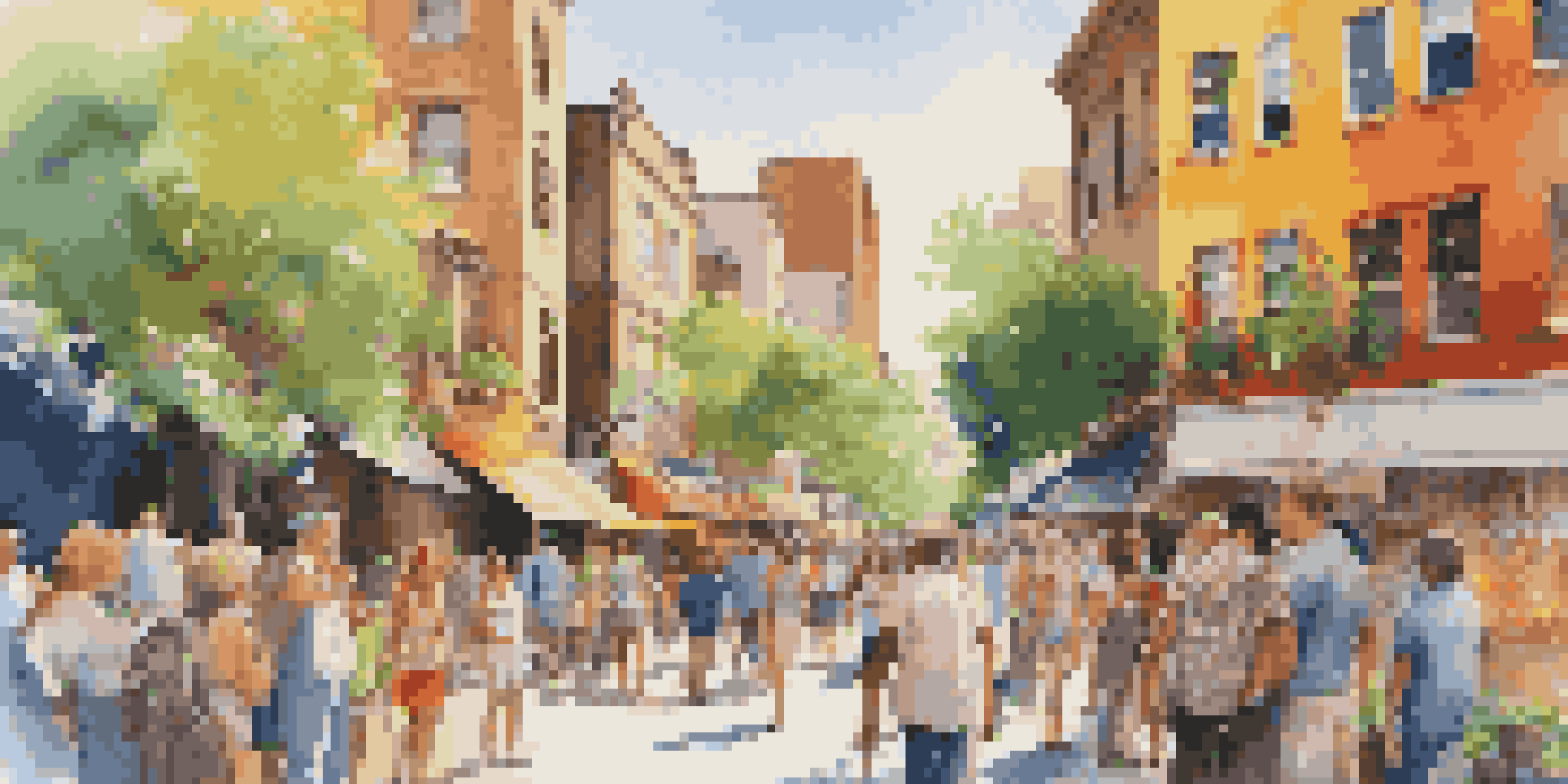 A lively street scene with people enjoying an art tour, featuring colorful murals and local artists painting in the background.