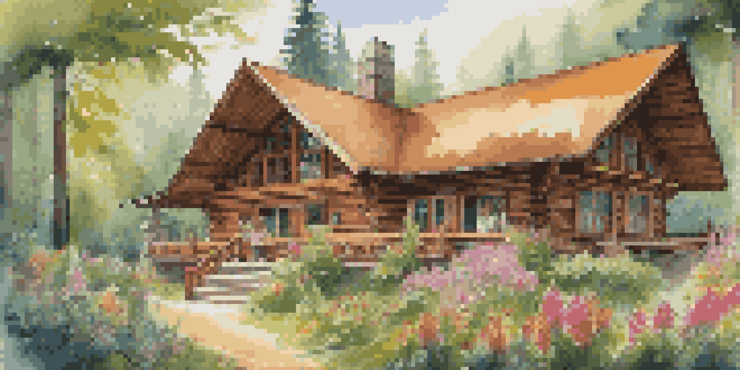A beautiful eco-friendly lodge in a forest, surrounded by local artisans and tourists.