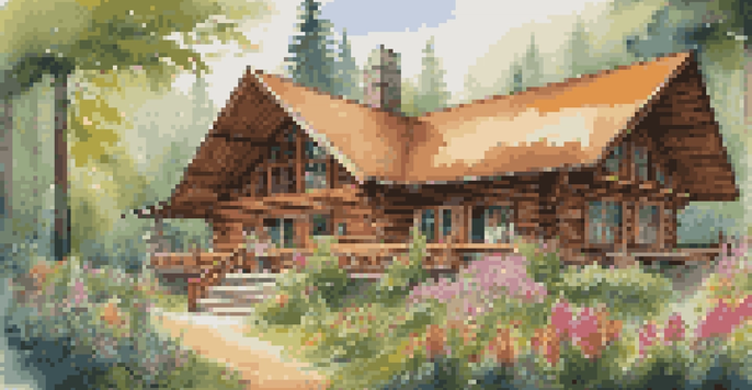 A beautiful eco-friendly lodge in a forest, surrounded by local artisans and tourists.