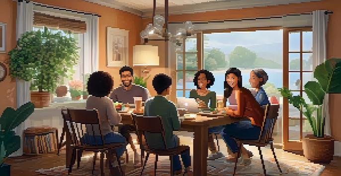 A family gathered around a laptop on a dining table, smiling and waving at the screen, with warm lighting and family photos in the background.