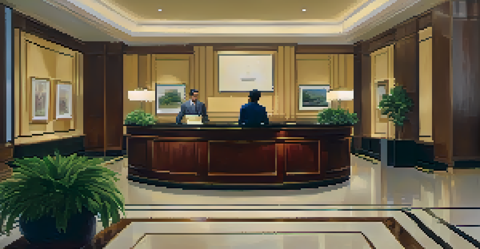 A concerned traveler at a hotel reception desk discussing a lost suitcase with a staff member in a warm hotel lobby.