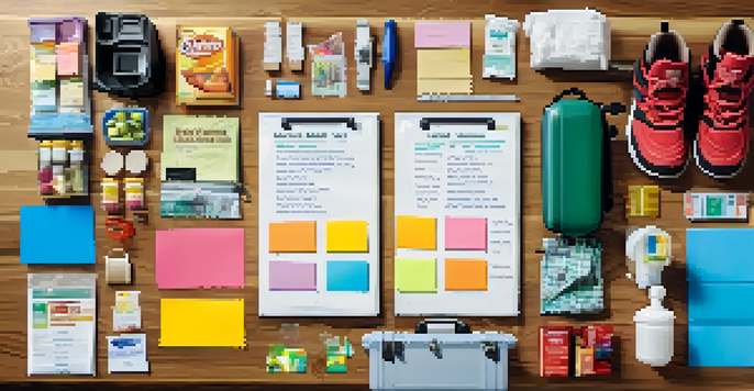 A colorful packing list with sticky notes and travel essentials on a wooden table, illuminated by natural light.