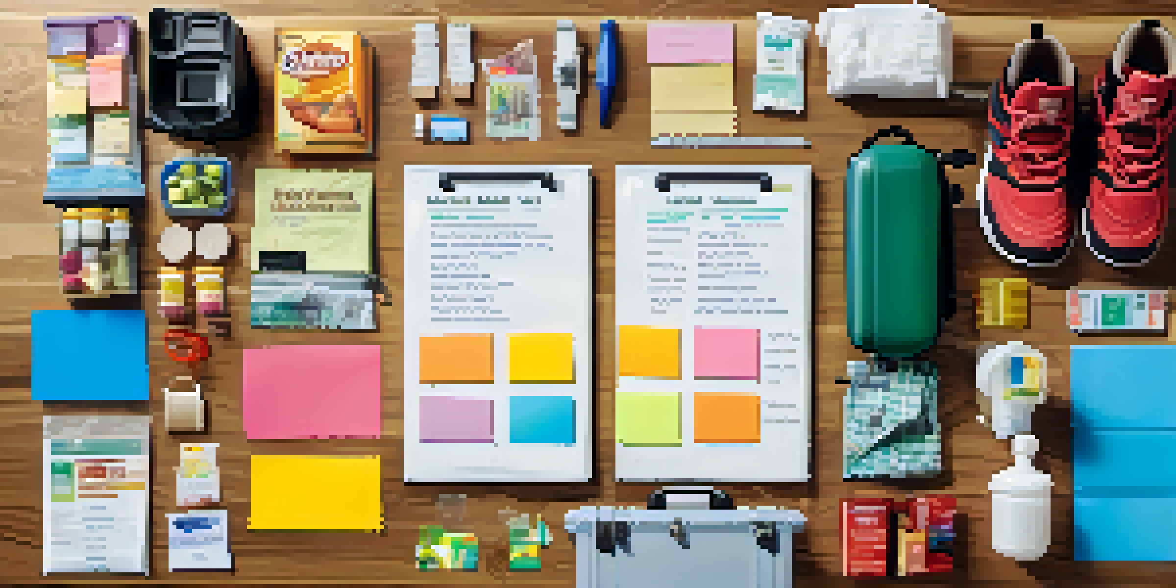 A colorful packing list with sticky notes and travel essentials on a wooden table, illuminated by natural light.