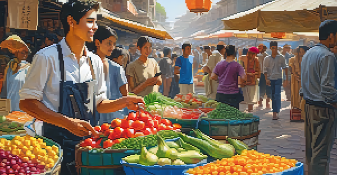 A student engaging with a vendor in a colorful market filled with local goods under warm sunlight.