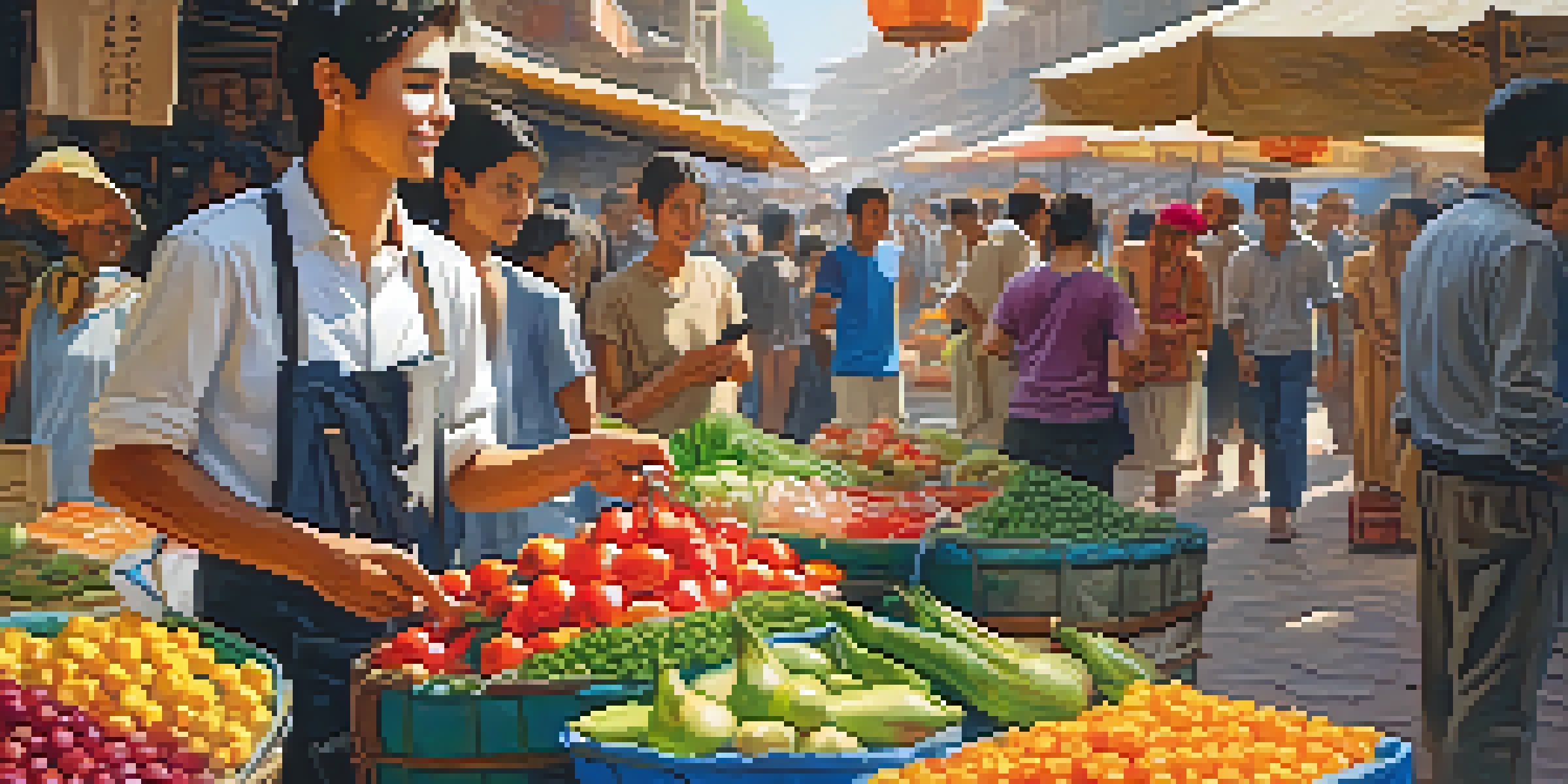 A student engaging with a vendor in a colorful market filled with local goods under warm sunlight.