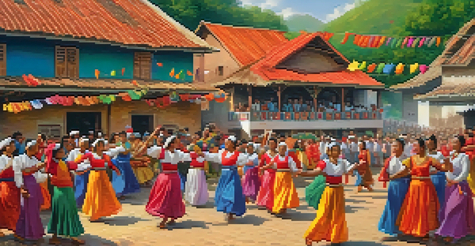 A lively local festival in a remote village with people dancing in colorful costumes surrounded by greenery.