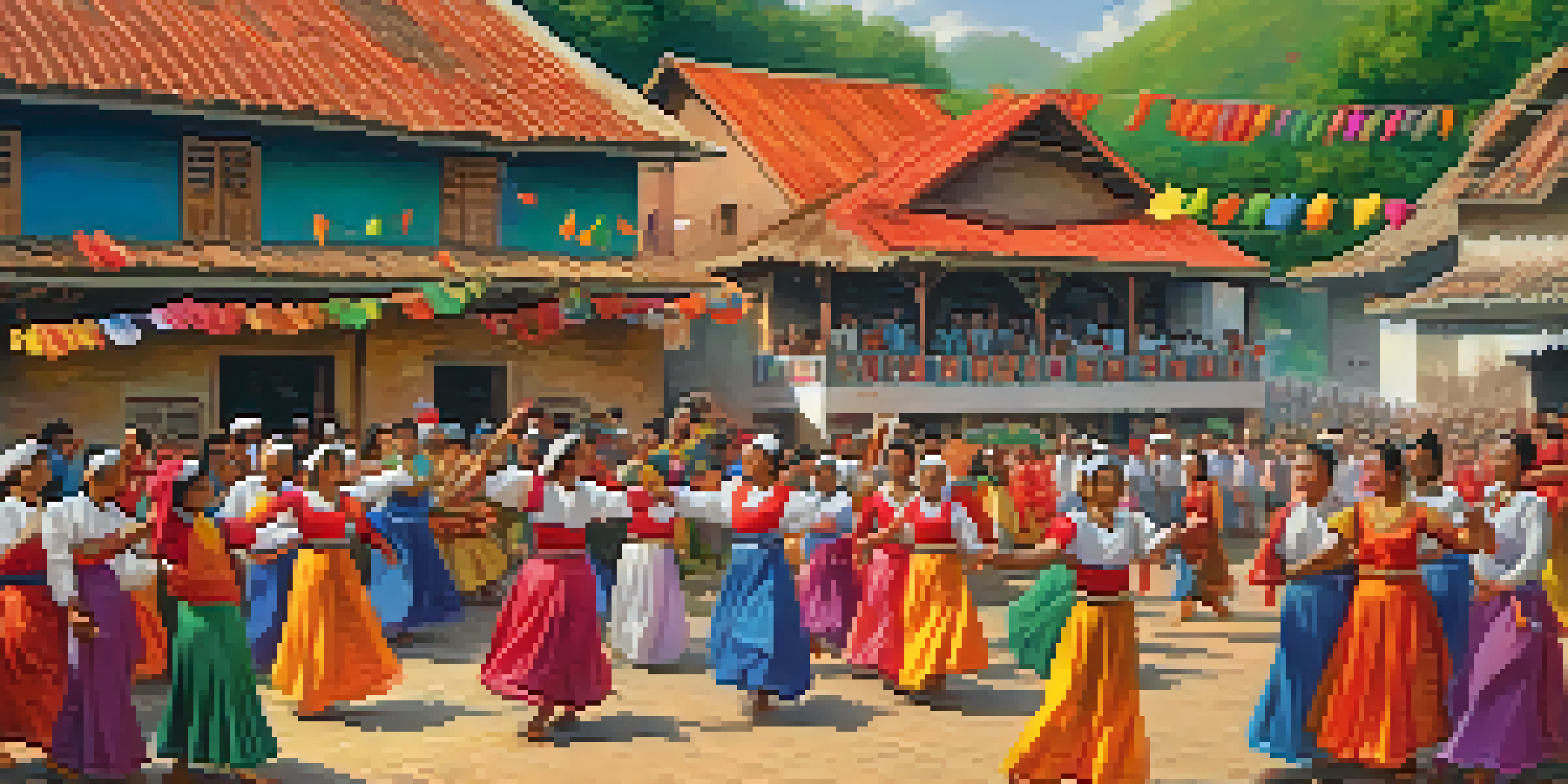A lively local festival in a remote village with people dancing in colorful costumes surrounded by greenery.