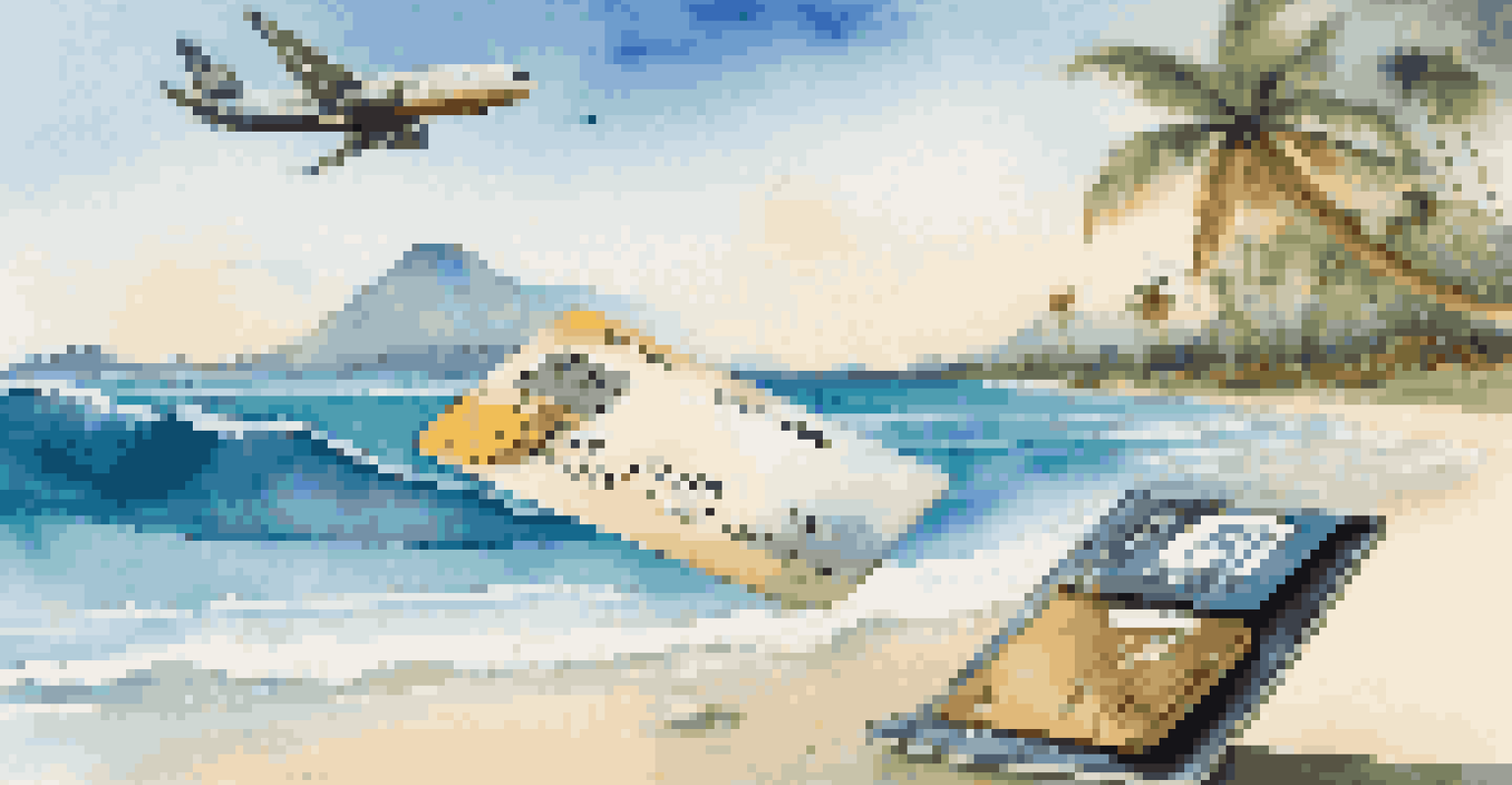 An airplane flying over a tropical beach with palm trees and a travel credit card in the foreground reflecting the ocean.